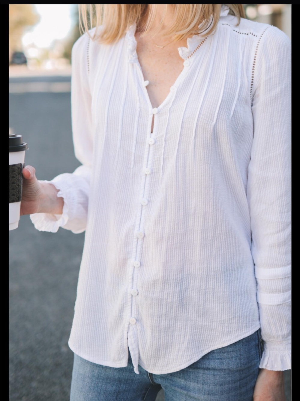 Quince Women's White Button-Front Pintuck Blouse 100% Organic Cotton